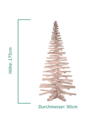 Franky Tree Holzweihnachtsbaum aus Fichtenholz aufgedreht als Weihnachtsbaum. Der Baum hat eine Höhe von 175 cm und einen Durchmesser von 70 cm.