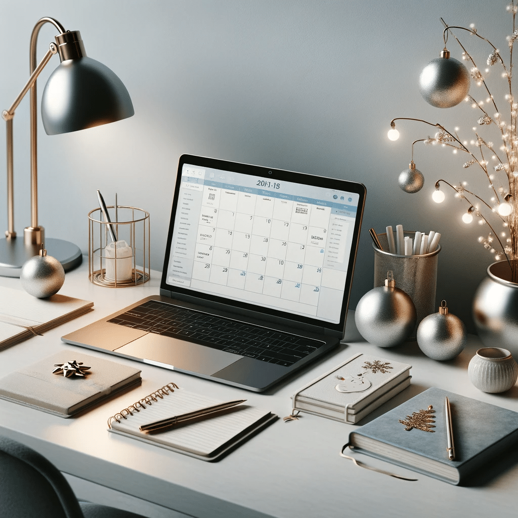 Ein Schreibtische eines Office Managers, in minimalistischer Weihnachtsdekoration. Es sind Notizblöcke tzsehen, ein Laptop mit einem geöffneten Kalender und eine Schreibtischlampe