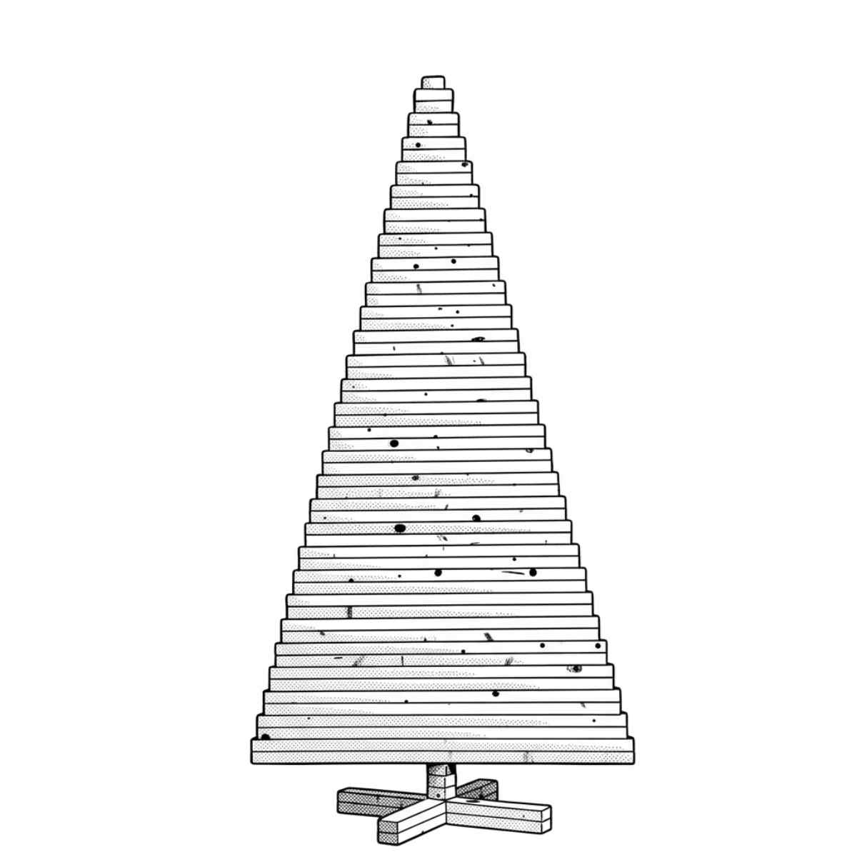 ein Weihnachtsbaum aus Holzlatten zum zusammenstecken. Das Bild zeigt einen fertig zusammengebauten Weihnachtsbaum aus Fichtenholz.