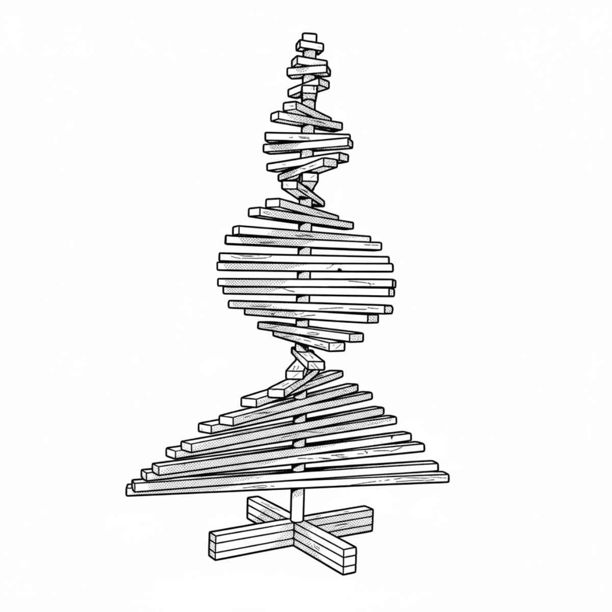 Der erste Schritt beim Aufbau des Franky Tree zeigt, dass alle Holzlatten der Größe nach sortiert und auf dem Boden hingelegt werden, damit sie anschließend auf den Buchenstab gefädelt werden können.