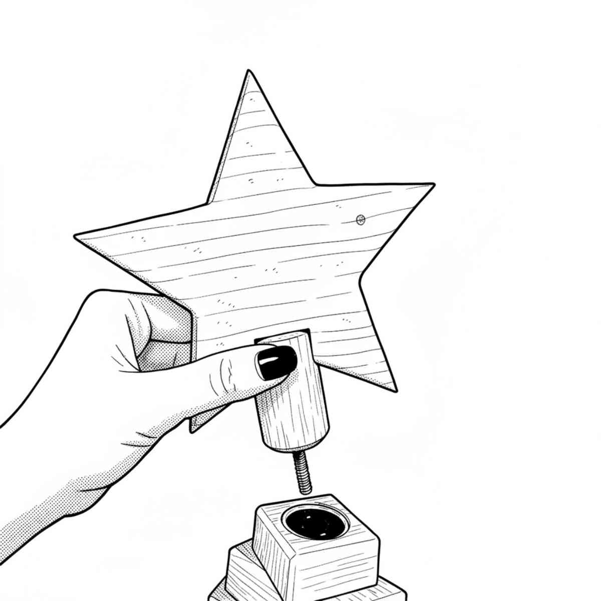 Der Ständer des Holzweihnachtsbaums wird zusammengesteckt und mit einer Schraube am Buchenstab festgezogen.