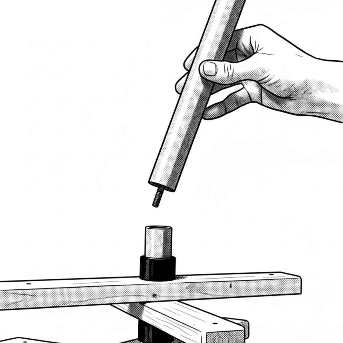 Der Ständer des Holzweihnachtsbaums wird zusammengesteckt und mit einer Schraube am Buchenstab festgezogen.