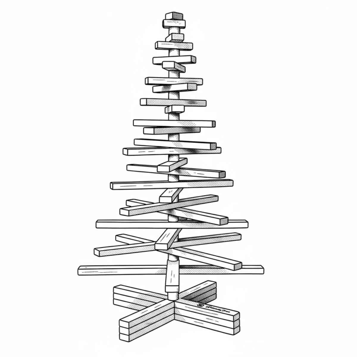 Der Ständer des Holzweihnachtsbaums wird zusammengesteckt und mit einer Schraube am Buchenstab festgezogen.