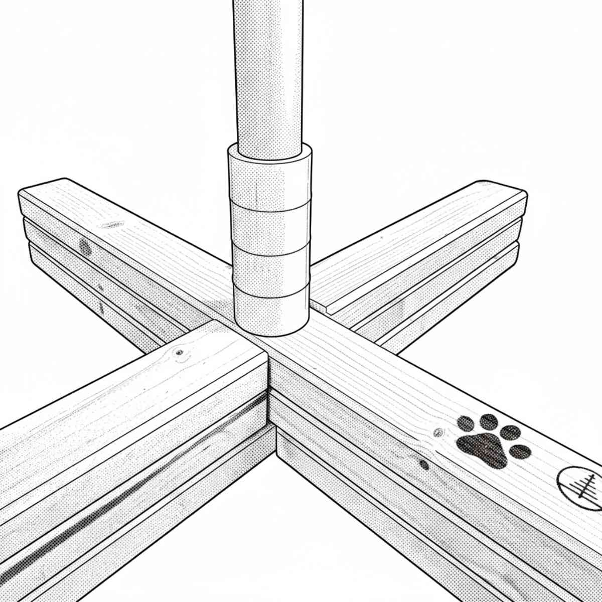 Der Ständer des Holzweihnachtsbaums wird zusammengesteckt und mit einer Schraube am Buchenstab festgezogen.