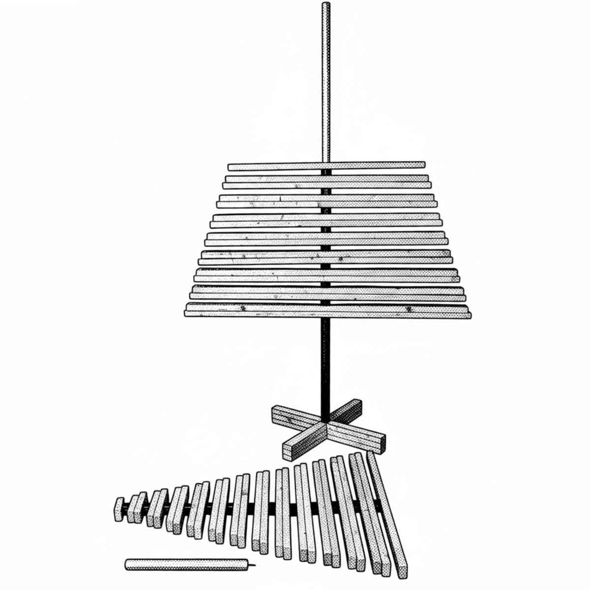Der erste Schritt beim Aufbau des Franky Tree zeigt, dass alle Holzlatten der Größe nach sortiert und auf dem Boden hingelegt werden, damit sie anschließend auf den Buchenstab gefädelt werden können.
