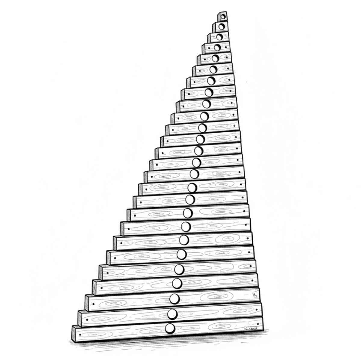 Der erste Schritt beim Aufbau des Franky Tree zeigt, dass alle Holzlatten der Größe nach sortiert und auf dem Boden hingelegt werden, damit sie anschließend auf den Buchenstab gefädelt werden können.